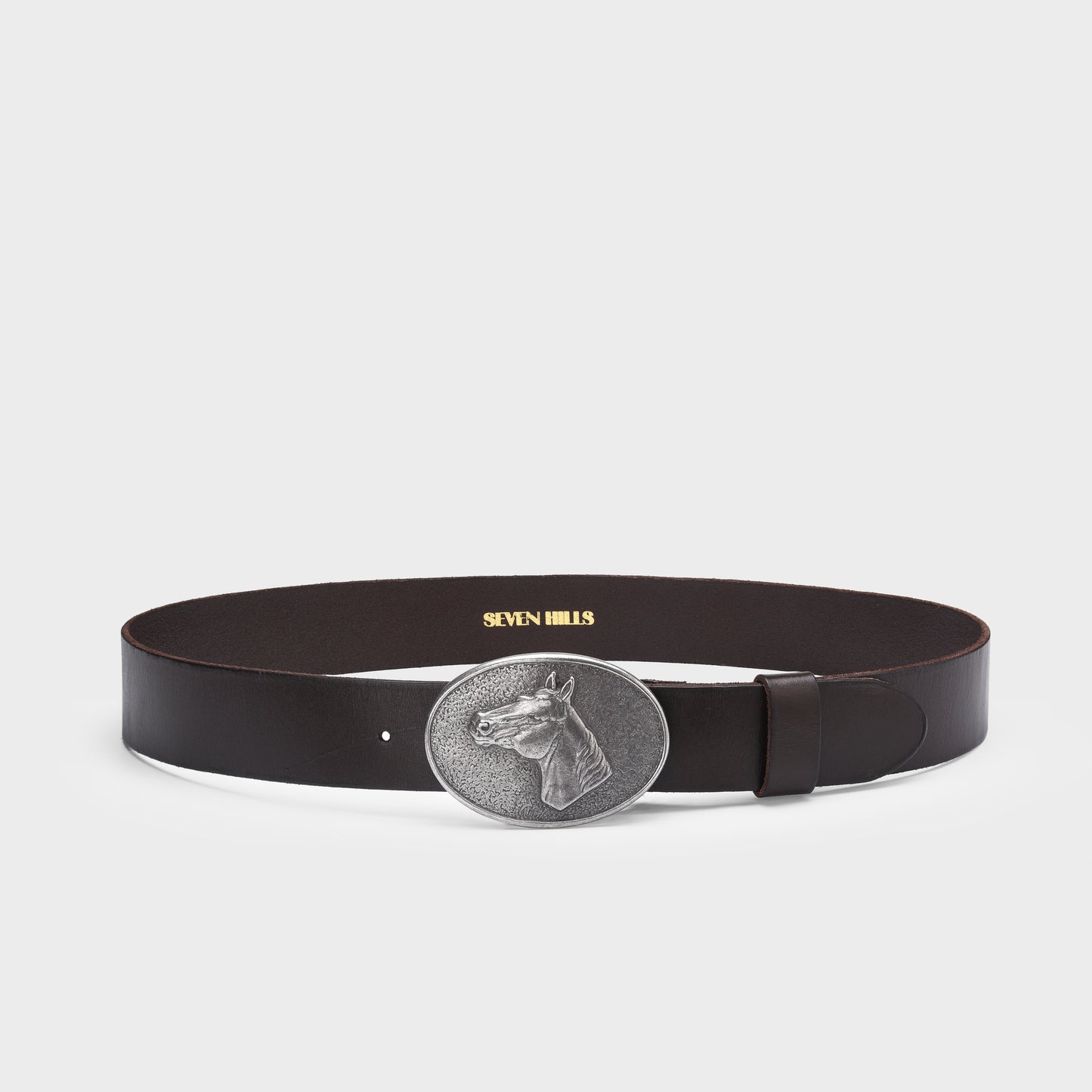 Black belt with a silver buckle featuring a horse design on a light gray background