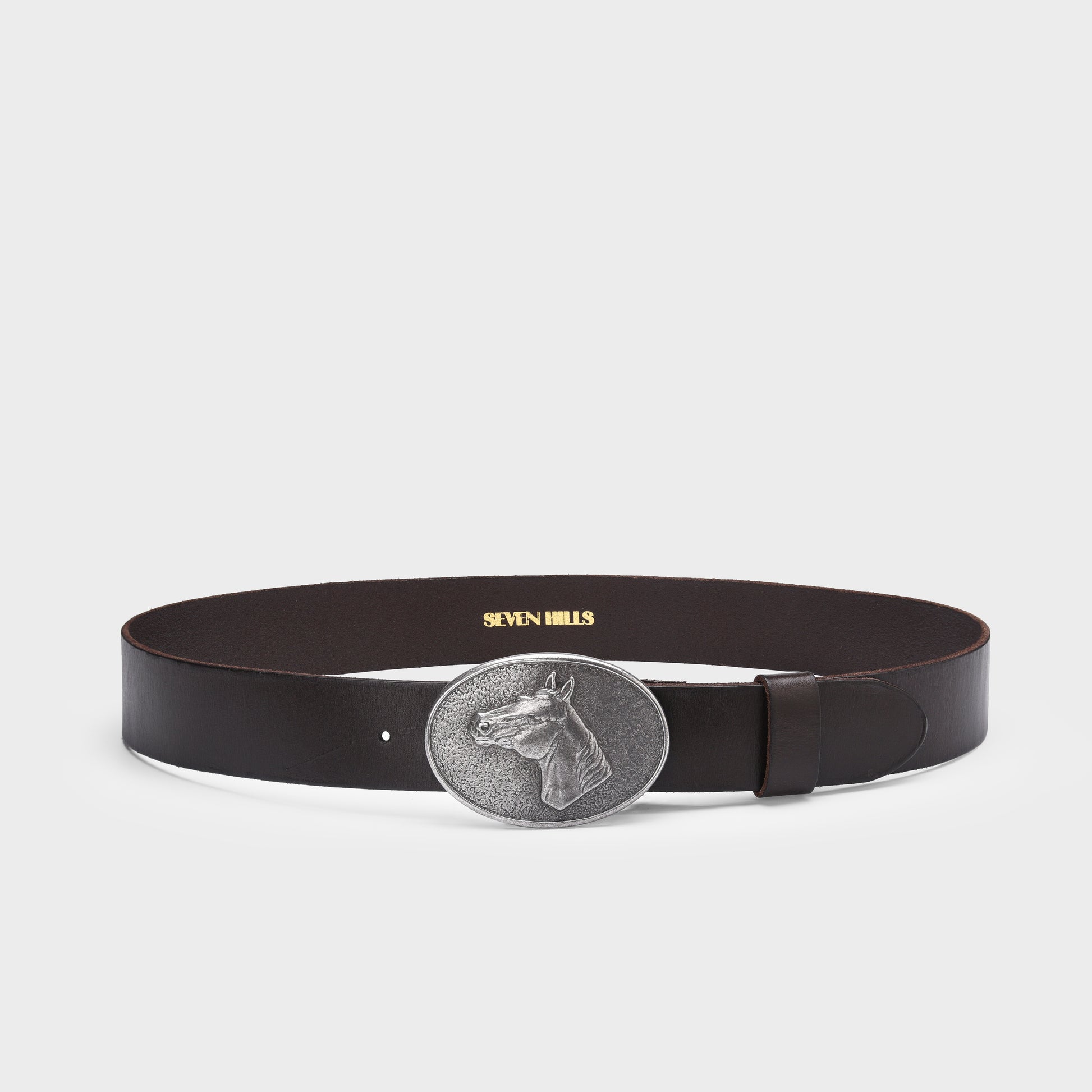 Black belt with a silver buckle featuring a horse design on a light gray background