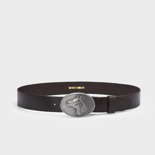 Black belt with a silver buckle featuring a horse design on a light gray background