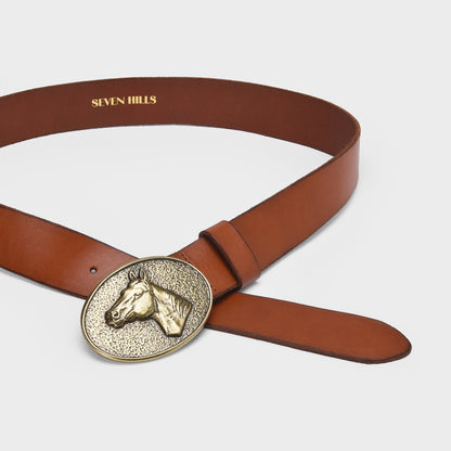 Brown leather belt with a gold horse head buckle on a white background