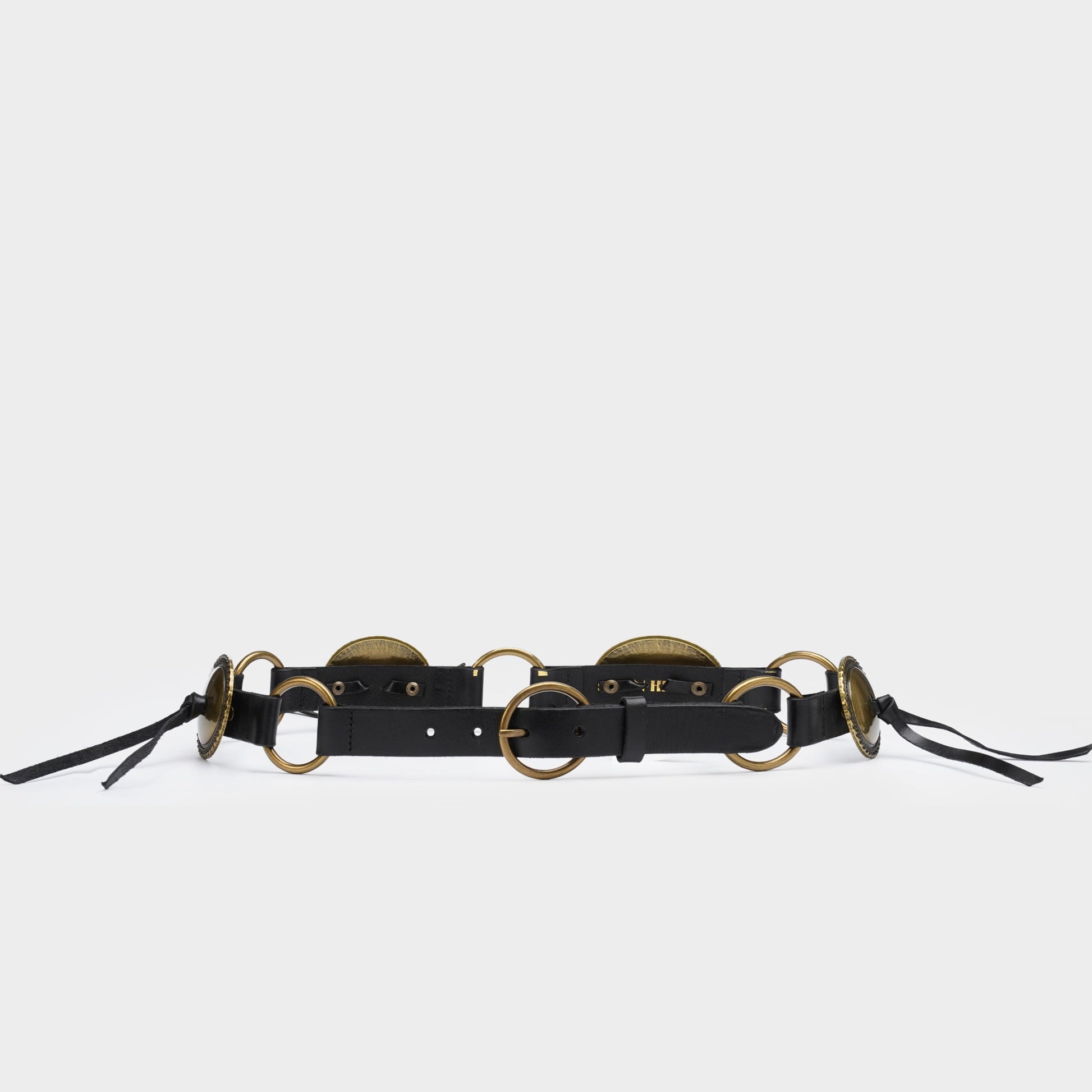 Black leather belt with gold hardware on a white background