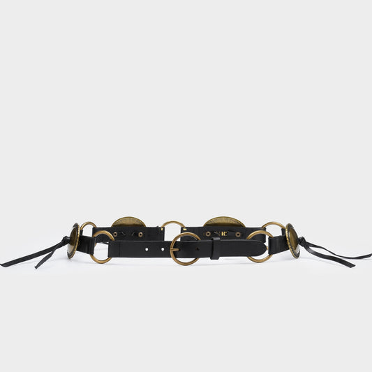 Black leather belt with gold hardware on a white background